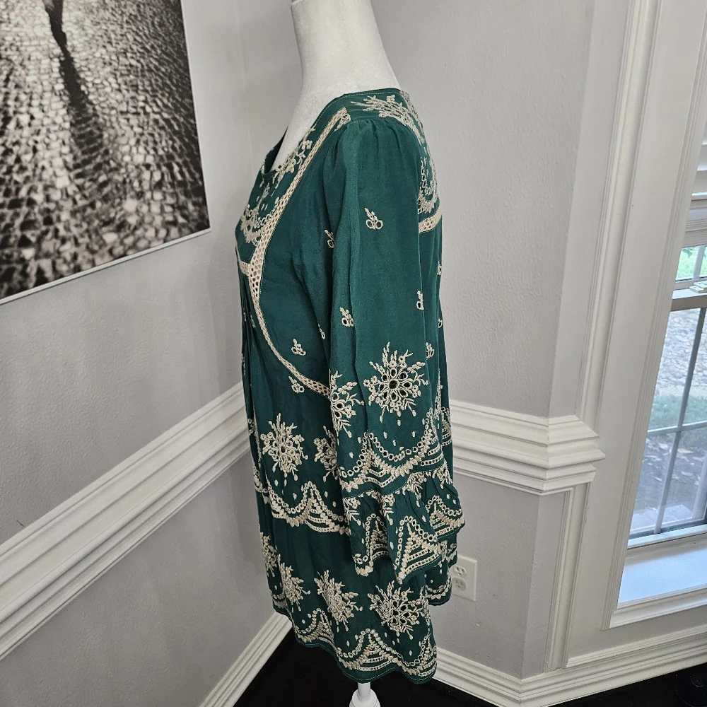 Ivy Jane green Floral Embroidered Bell Sleeve Tunic Top Blouse Dress Eyelet XS - Picture 5 of 8